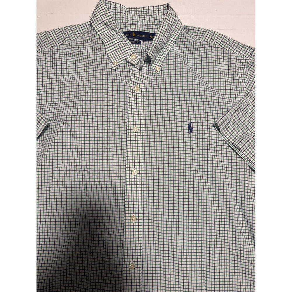 Ralph Lauren Button Down Shirt Mens XL White Green Blue Excellent Classic Fit